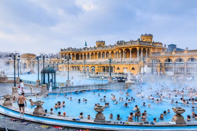 Entrance to Szechenyi Spa in Budapest - The outdoor pools and Neo-Baroque surroundings